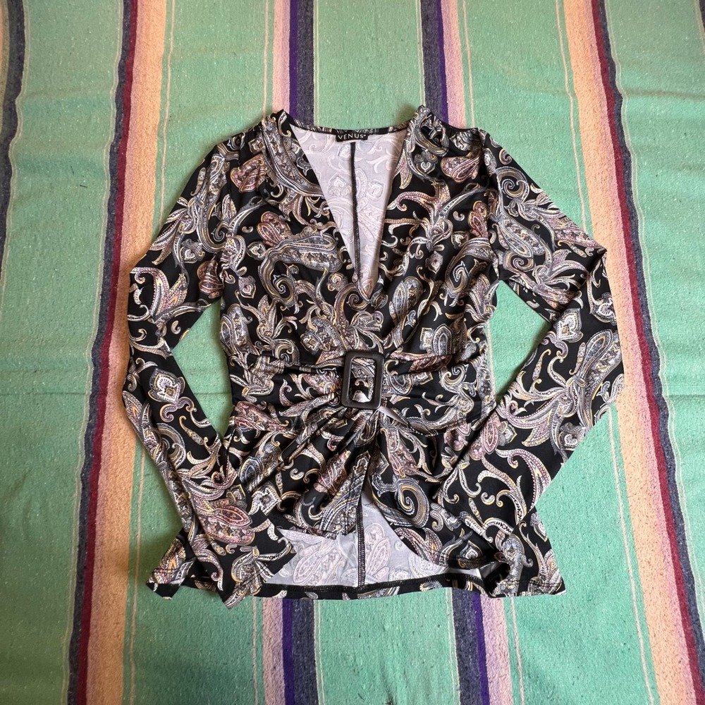 Venus Paisley Blouse Womens S Black Long Sleeve V-Neck Buckle Waist Top